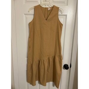 Bayo Womens Medium Tan V-Neck Sleeveless Asymmetrical Ruffle Linen Blend Dress